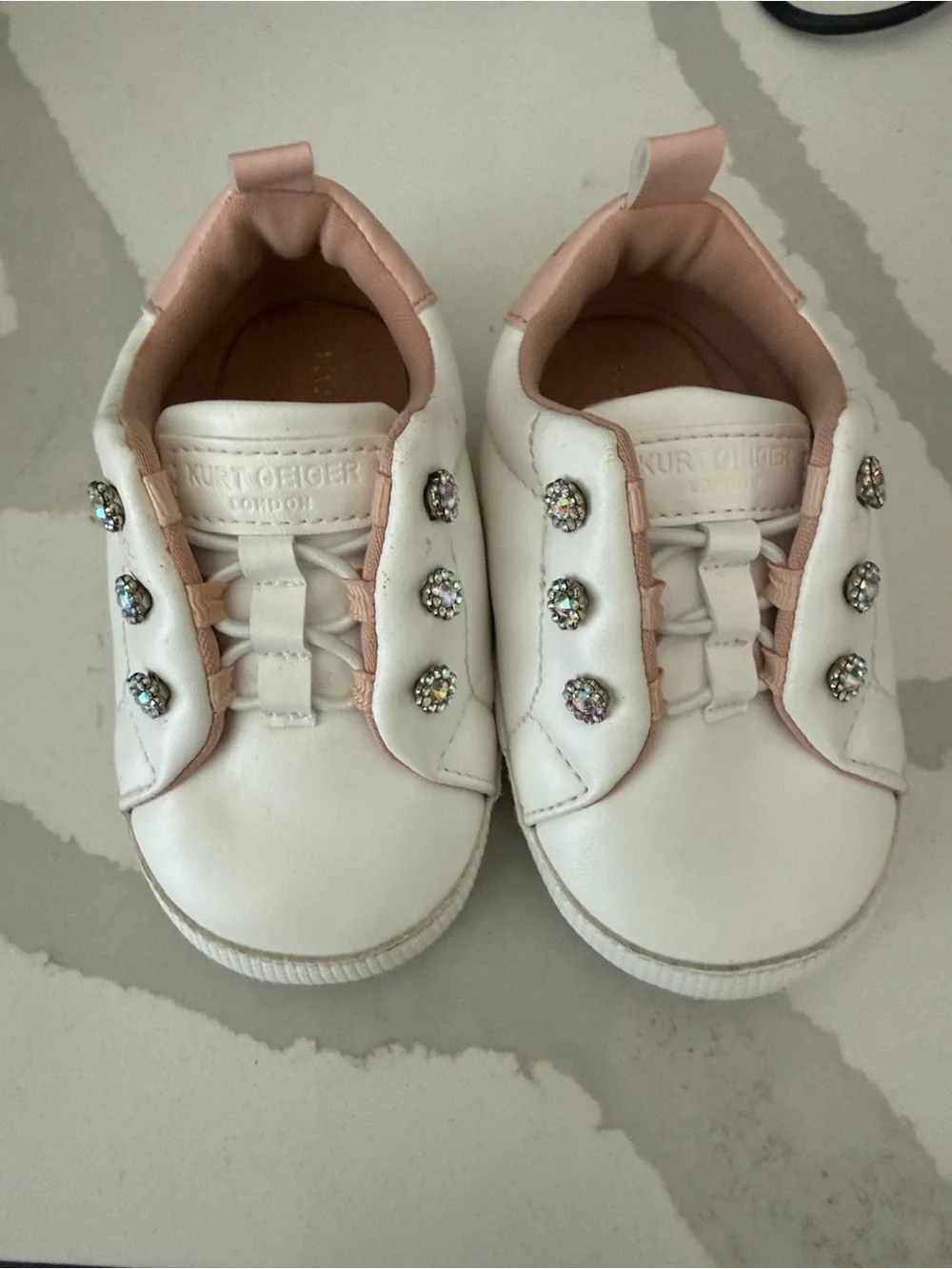Kurt Geiger Kids White Sneakers with Pink Trim & Crystal Buttons
